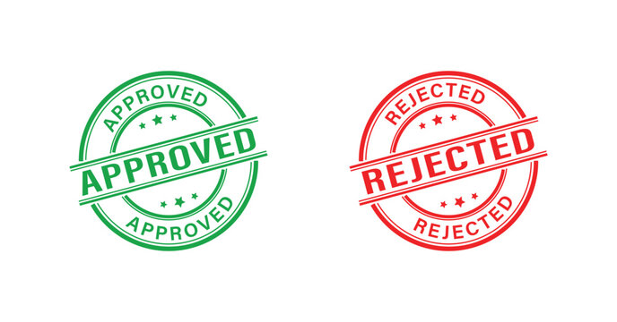 Rubber stamps of approved and rejected circular marks in grunged seal designs with decorative stars. Approved and rejected stamp vector set for business projects.