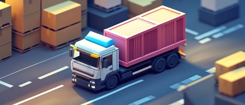 Low poly truck delivering cargo boxes on the road at dusk