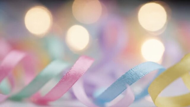 A Festive Display of Colorful Ribbons Twirling and Dancing in a Soft Focus, Creating a Cheerful Atmosphere Perfect for Celebrations and Special Occasions