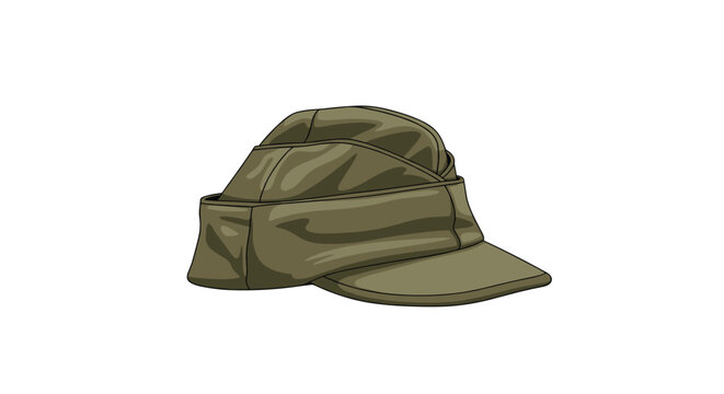 Side view of a green military side cap or garrison cap isolated on white background for army uniform and historical equipment.