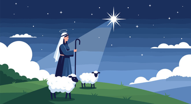Nativity scene illustration featuring shepherd standing with sheep under bright star of bethlehem in dark starry night sky background.