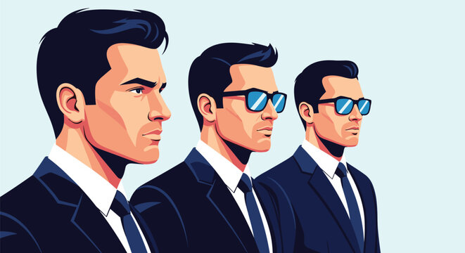 Three serious secret agents or bodyguards wearing black suits, white shirts, and sunglasses looking to the side for security and authority.