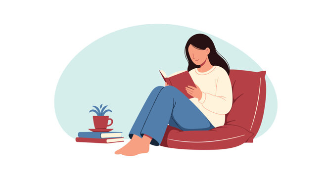 Peaceful woman sitting on a comfortable red bean bag reading a book with a cup of coffee and plant nearby for cozy home lifestyle.