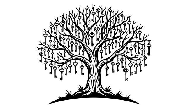 Tree with keys hanging from branches as a creative conceptual illustration showing growth opportunities and solutions in a simple black and white vector graphic style