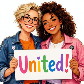 Two smiling women holding a sign that says United! with rainbow colors