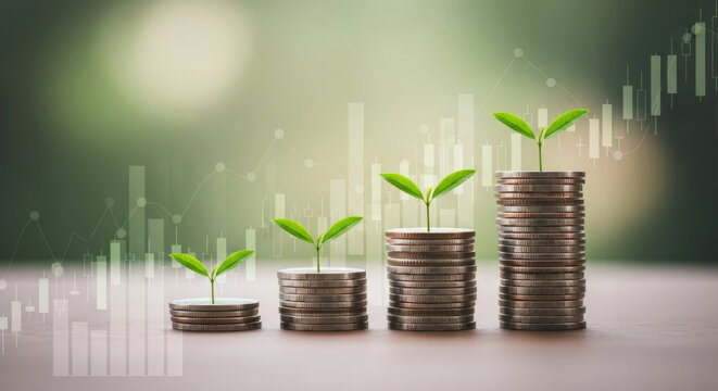 Young green plants on stacks of coins showing financial progress with transparent line graph overlaid for economic success and wealth management.