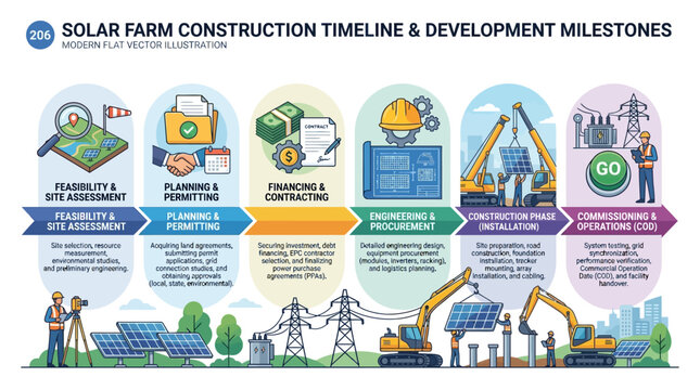 Solar Farm Construction Timeline & Development Milestones Flat Vector Illustration