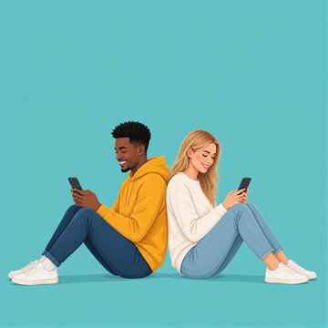 Couple Sitting Back to Back Using Smartphones