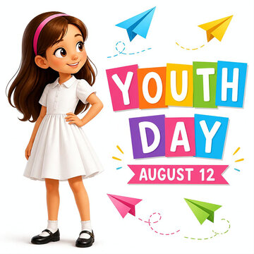 Smiling girl celebrating Youth Day with colorful paper planes