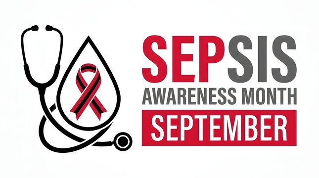 Sepsis awareness month campaign with stethoscope and red ribbon illustration