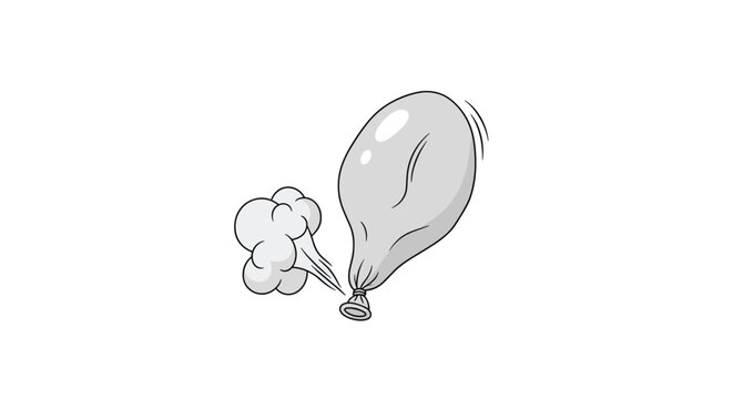 Black and white cartoon illustration of a grey balloon deflating and releasing air with a small cloud of smoke.