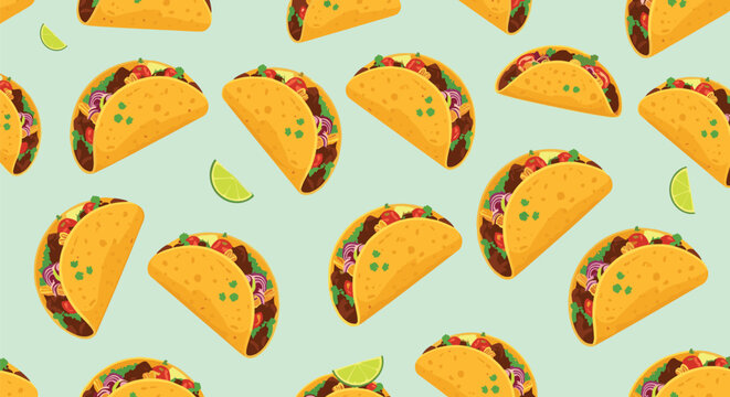 Seamless colorful pattern of delicious Mexican tacos filled with meat and greens interspersed with lime slices on a mint green background.