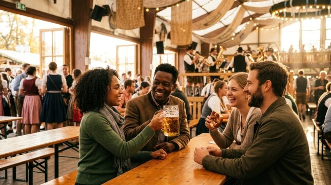 Friends enjoying beer and pretzels at a lively Oktoberfest celebration
