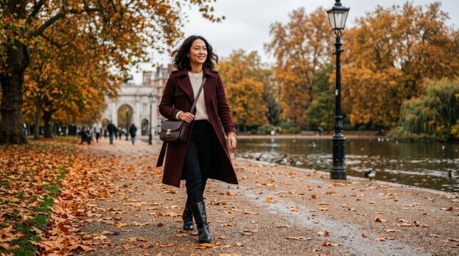 Woman walking through a park covered in autumn leaves, enjoying the fall season