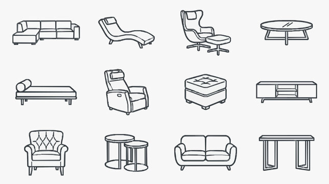 Professional Line Drawing Set of Modern and Classic Furniture Illustrations in Black and White with high quality professional line art symbols for modern creative design and digital branding projects