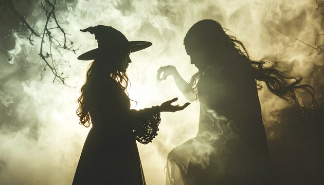 Eerie Encounter - Witch and Ghostly Figure Under a Full Moon.