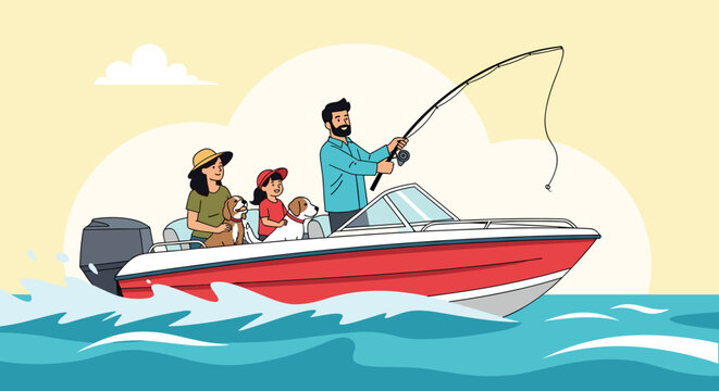Family with two dogs enjoys a trip on a red motorboat while the father focuses on fishing with a rod in the water.