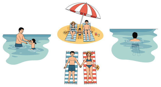 Collection of summer scenes shows a family playing in water, relaxing under an umbrella, and holding hands while sunbathing on beach towels.