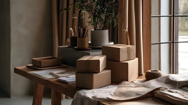 Small shipping boxes and organized stationery rest on a tidy packing station with plain wrapping paper conveying a calm premium mood