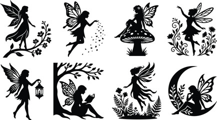 Fantasy fairy silhouette illustrations with wings, moon, lantern, and floral nature elements for magical decorative design projects © Niheranjan