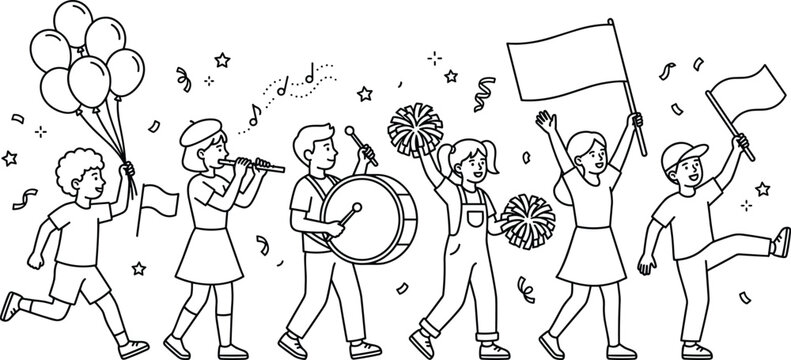 Kids Festive Parade Line Art Icon Set with Marching Band Musician, Drummer, Flutist, Cheerleader, Balloons, and Flag Waving Children Vectors