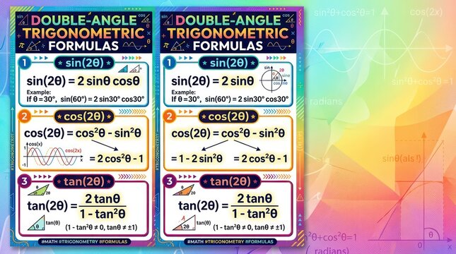 Educational infographic displaying trigonometric double angle formulas for high school math.
