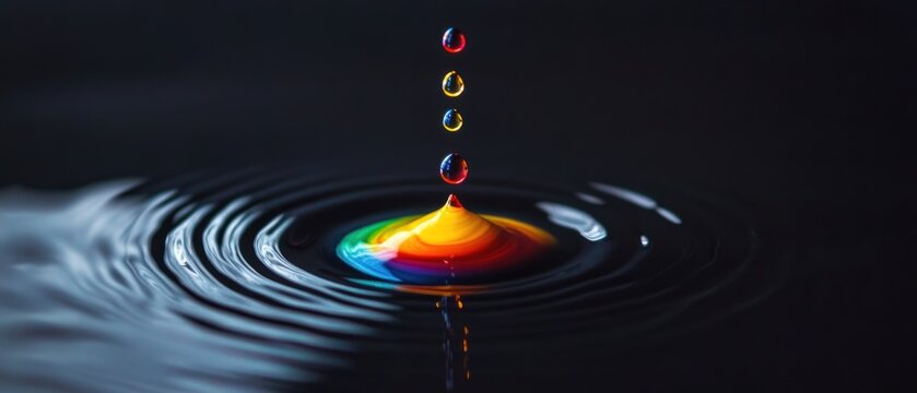Rainbow liquid drops impacting dark water concentric ripples macro photography