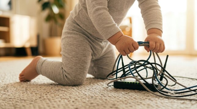 Toddler's hands tangling network cables connected to a router on a carpeted floor