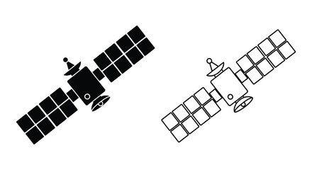 Satellite Illustration With Solar Panels And Antenna Black And White Silhouette © MDAbujafor