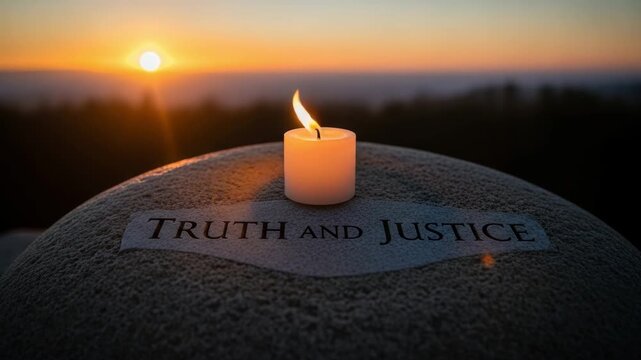 Truth and justice engraved stone with glowing candle at sunset 4K Ai HD high quality video.