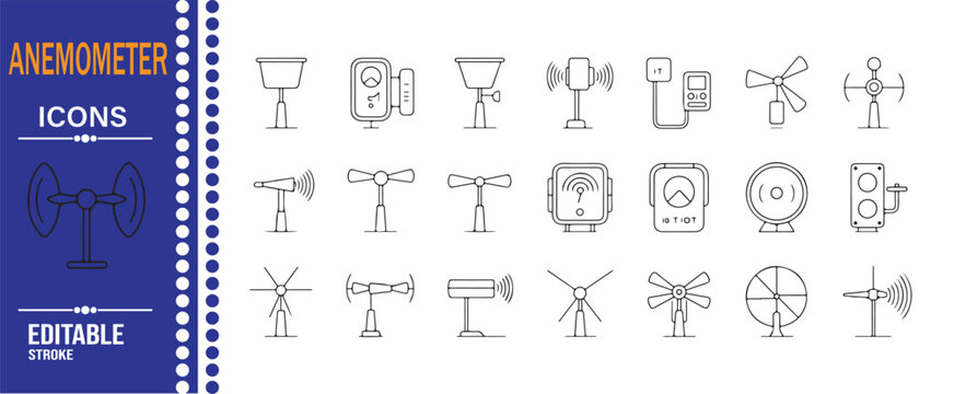 Anemometer Outline Icons Set for Weather and Wind Measurement