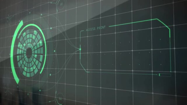 Futuristic HUD Green Interface Animation with Digital Grid, Access Point, Loading Element, and Tech Data Graphics