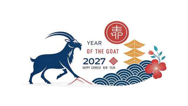 Chinese New Year 2027 Year of the Goat celebration with blue goat and floral decoration  Happy Chinese New Year greeting card with goat and traditional design elements transparent background
