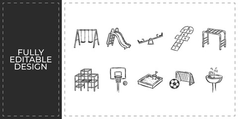 Obraz premium Kids playground equipment hand drawn vector icons set featuring slides swing and see saw for preschool children park and outdoor recreational activity design