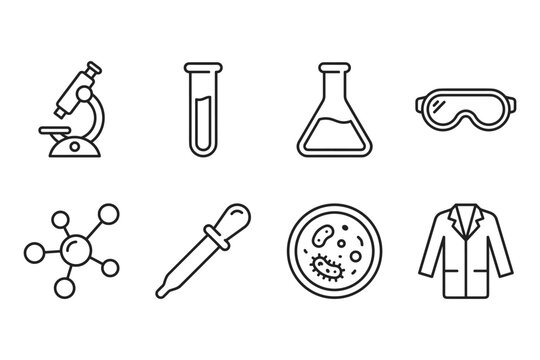 Collection of scientific laboratory equipment icons for research and discovery