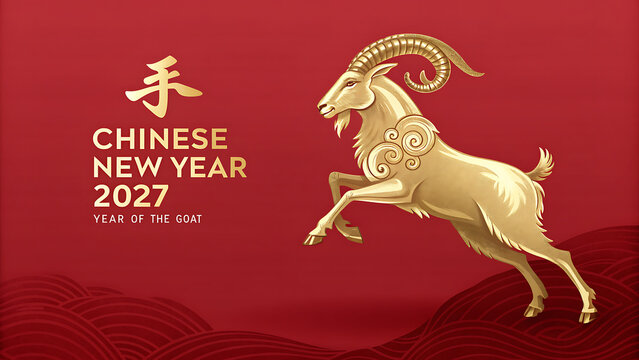 Chinese New Year 2027 celebration with golden goat and red background  Year of the Goat transparent background