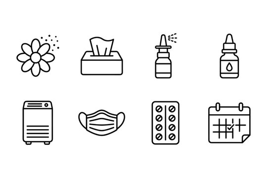 Allergy relief icons: flower, tissues, nasal spray, eye drops, air purifier, mask, pills, calendar