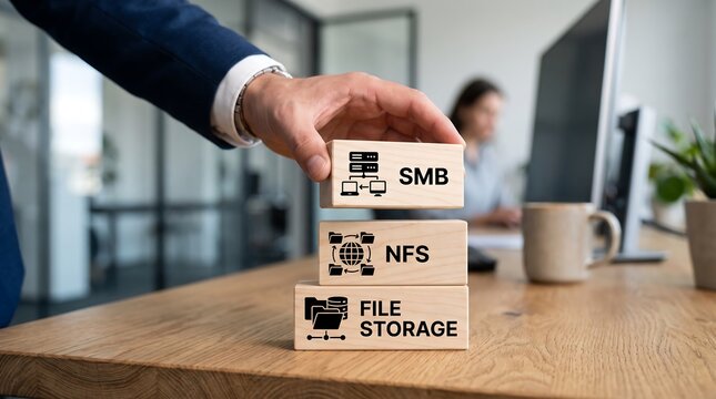 Business professional stacking wooden blocks representing SMB NFS and file storage concepts in an office setting