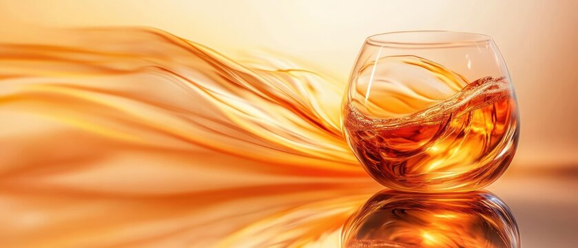 Amber liquid swirling in crystal glass warm abstract background