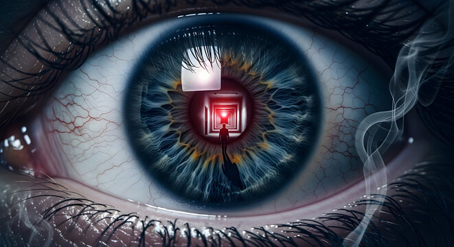 Close up macro photography of a human eye with a mysterious glowing red pyramid symbol reflection in the iris and wispy smoke effects