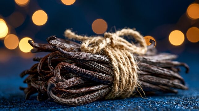 Close-up of tied vanilla beans bundle with bokeh light background