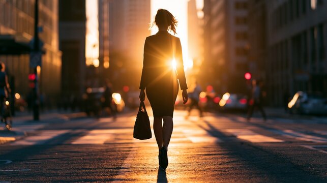 Silhouette of businesswoman crossing city street at sunset with sunlight flare
