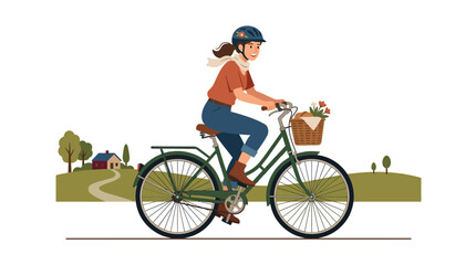 Fototapeta premium Woman cycling in countryside with basket of flowers
