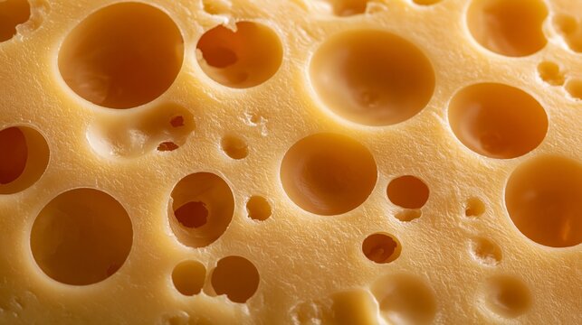 Close-up view of yellow Swiss cheese texture with large holes