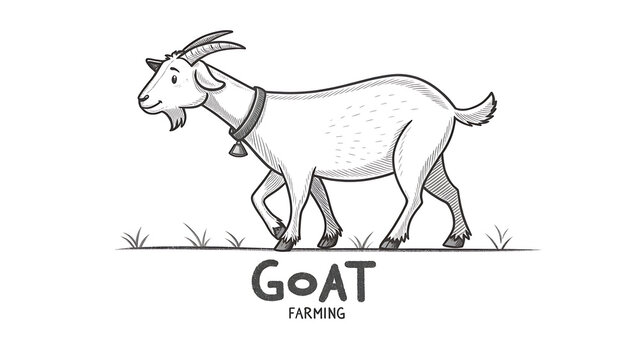 Goat walking on grass with bell around neck and horns on head  farm animal transparent background