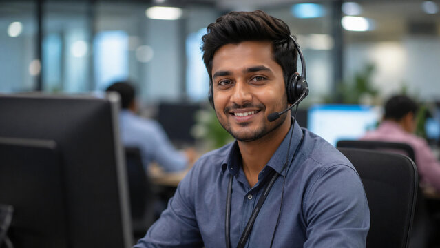 Smiling young Indian customer support executive with headset working in call center office