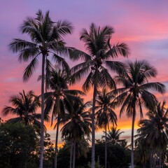 Fototapeta premium Tropical Palm Trees Against Vibrant Sunset Sky Representing Exotic Summer Vacation Coastal Paradise Nature Travel and Peaceful Evening Landscape