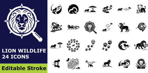 Fototapeta premium Lion wildlife and safari icon set, 24 vector pictograms of majestic lion illustrations, jungle adventure symbols, and animal paw prints for nature design 