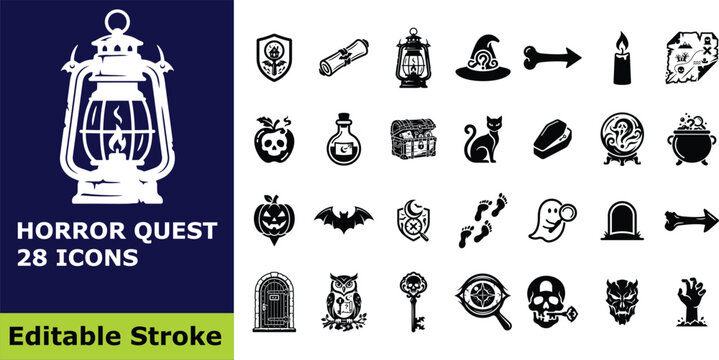Horror quest and Halloween mystery icon set, 28 vector pictograms of spooky adventure symbols, supernatural objects, and investigation elements
