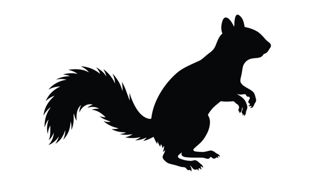 Detailed black silhouette of a curious standing squirrel with a fluffy tail against white background